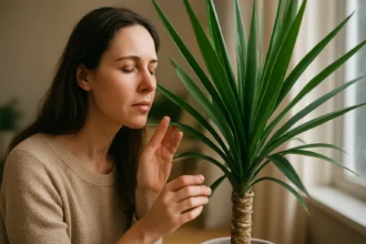 Žena sa dotýka liečivej rastliny juka, vyžaruje pohodu a zdravie.