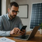 Muž pracujúci s mobilným telefónom a notebookom v kancelárii so solárnymi panelmi