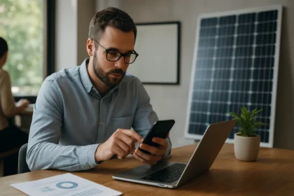 Muž pracujúci s mobilným telefónom a notebookom v kancelárii so solárnymi panelmi