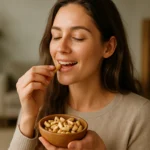 Žena si vychutnáva kešu orechy, zdravú alternatívu na občerstvenie.