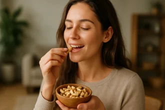 Žena si vychutnáva kešu orechy, zdravú alternatívu na občerstvenie.