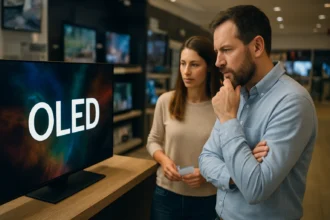 Dvojica pri nákupe OLED televízora v predajni