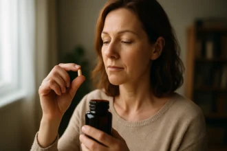 Žena sa pripravuje na užitie kapsuly koenzýmu Q10 pre zdravie organizmu.