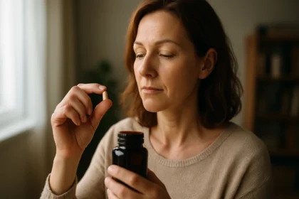 Žena sa pripravuje na užitie kapsuly koenzýmu Q10 pre zdravie organizmu.