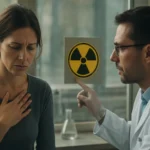 Žena prejavujúca obavy v reakcii na jadrové žiarenie.