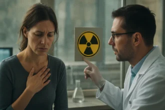 Žena prejavujúca obavy v reakcii na jadrové žiarenie.