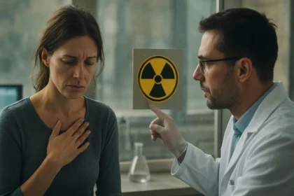 Žena prejavujúca obavy v reakcii na jadrové žiarenie.