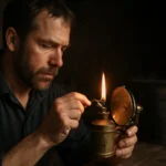 Muž zapálený karbidovou lampou s plameňom