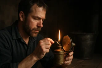 Muž zapálený karbidovou lampou s plameňom