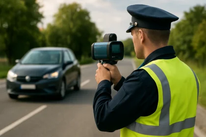 Polícia používa laserový merač rýchlosti na kontrole vozidiel