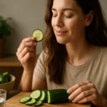 Žena si vychutnáva uhorku, symbol zdravia a osvieženia