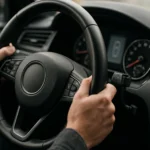 Ruka drží volant moderného vozidla v interiéri auta.