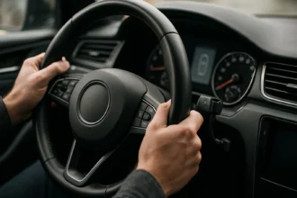 Ruka drží volant moderného vozidla v interiéri auta.