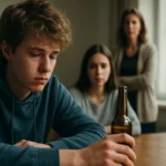 Mladý chlapec so sklopenou hlavou, sedí pri stole s fľaskou alkoholu, obklopený staršími osobami.