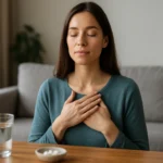 Žena s relaxačným postojom, užívajúca aminokyselinu GABA