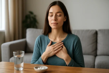 Žena s relaxačným postojom, užívajúca aminokyselinu GABA