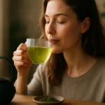 Žena vychutnáva japonský zelený čaj plný antioxidantov.