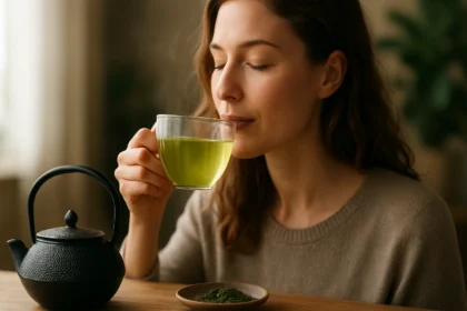 Žena vychutnáva japonský zelený čaj plný antioxidantov.