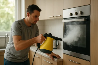 Muž používa parný čistič na čistenie kuchynských spotrebičov.