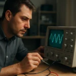 Muž skúma osciloskop zobrazenie vlnovej formy