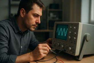 Muž skúma osciloskop zobrazenie vlnovej formy