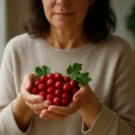 Žena drži plody hlohu s piatimi listami, symbolizujúcimi zdravie srdca.