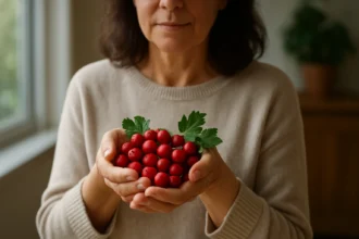 Žena drži plody hlohu s piatimi listami, symbolizujúcimi zdravie srdca.