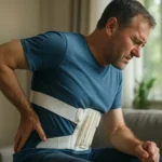 Muž so bandážou na chrbte trpiaci bolesťou chrbta v interiéri