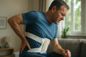 Muž so bandážou na chrbte trpiaci bolesťou chrbta v interiéri