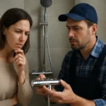 Inštalácia termostatickej batérie s prievodcom a zákazníkom v kúpeľni.