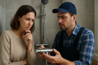 Inštalácia termostatickej batérie s prievodcom a zákazníkom v kúpeľni.