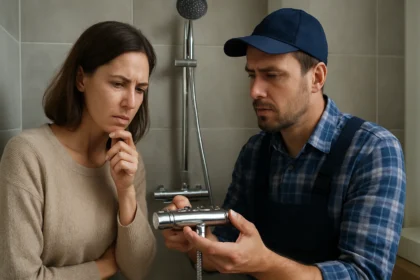 Inštalácia termostatickej batérie s prievodcom a zákazníkom v kúpeľni.