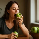 Žena si užíva kyslé jablko Granny Smith a zdravé občerstvenie.