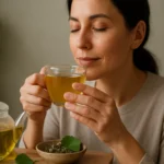 Žena vychutnávajúca si ginkgo čaj pre jeho zdravotné prínosy.