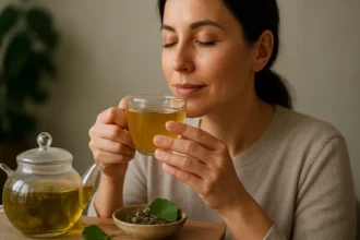 Žena vychutnávajúca si ginkgo čaj pre jeho zdravotné prínosy.