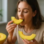 Žena konzumuje žltý melón, zdravé ovocie plné vitamínov.