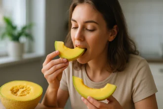 Žena konzumuje žltý melón, zdravé ovocie plné vitamínov.