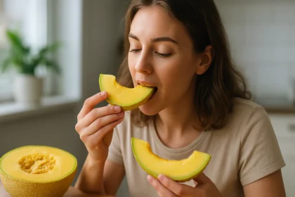 Žena konzumuje žltý melón, zdravé ovocie plné vitamínov.