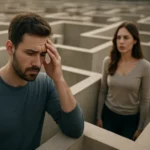 Muž a žena v bludisku, vyjadrujúci emocionálne výzvy vo vzťahu.