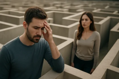 Muž a žena v bludisku, vyjadrujúci emocionálne výzvy vo vzťahu.