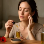 Žena aplikuje makový olej na pleť.