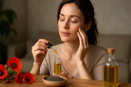 Žena aplikuje makový olej na pleť.