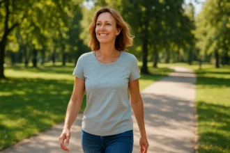 Žena prechádzajúca sa v parku na slnečnom dni.