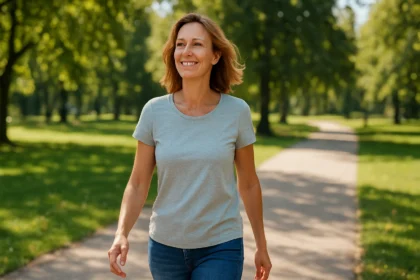 Žena prechádzajúca sa v parku na slnečnom dni.