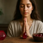 Žena s rubínovými kameňmi a vyrovnanými emóciami v meditácií.
