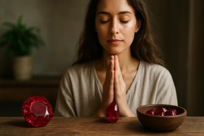 Žena s rubínovými kameňmi a vyrovnanými emóciami v meditácií.