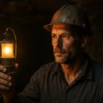 Baník s banskou lampou v tme, symbolizujúci bezpečnosť v baníctve.