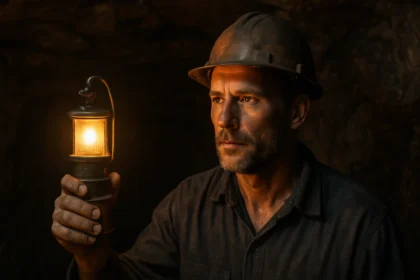 Baník s banskou lampou v tme, symbolizujúci bezpečnosť v baníctve.