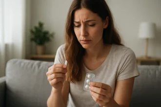 Žena s vaginálnou tabletkou Klion D 100 v ruke, zamyslená.