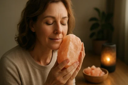 Žena objíma kus himalájskej soli, symbol zdravia a pohody.